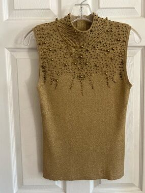 Investments gold metallic beaded mock neck Women’s Sleeveless sweater small